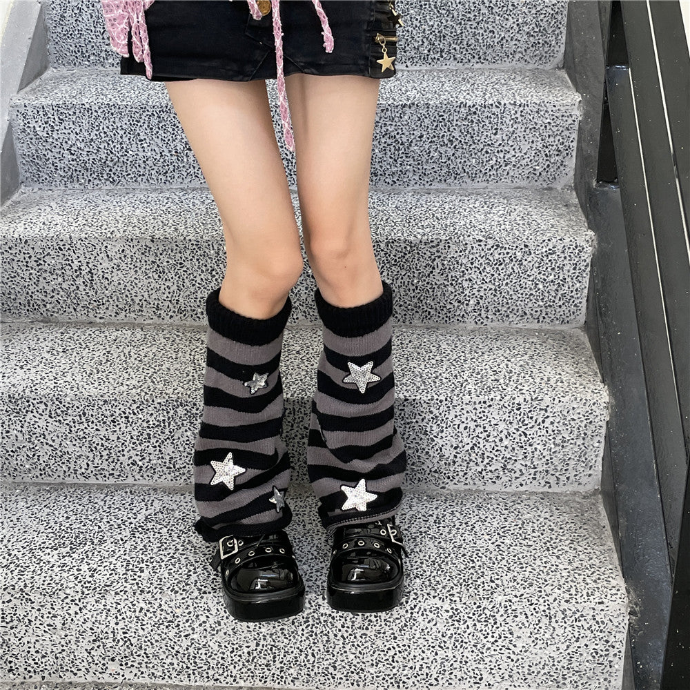 LET ME SEE - Y2K Star Stripe Leg Warmers Stacked Socks leg warmmers let me see Black Grey