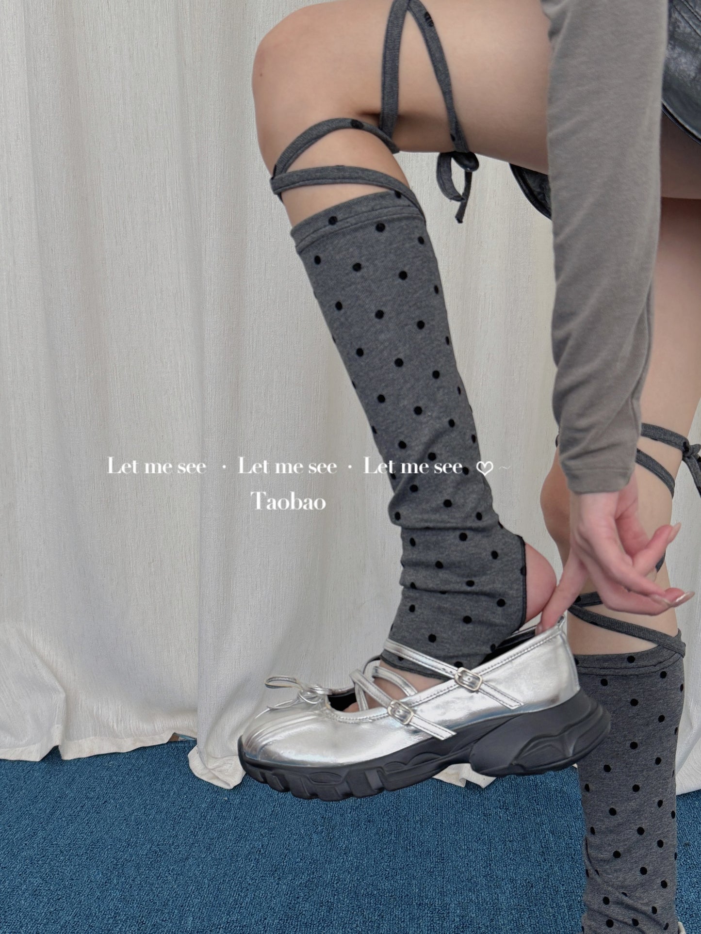 LET ME SEE - Spicy Star Lace-Up Calf Socks leg warmmers let me see Grey Dots - 1 Pair