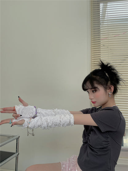 LET ME SEE - Y2K Distressed Fingerless Sun Protection Arm Warmers sleeves let me see Long Version - White