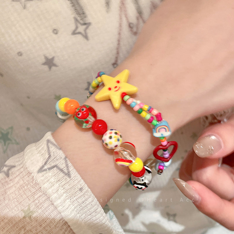 Decora Kei Bracelet – "Apple Star" Beaded bracelet Filpped Color Hand-drawn & Colorful Star - 2pcs Set