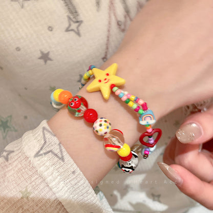 Decora Kei Bracelet – "Apple Star" Beaded bracelet Filpped Color Hand-drawn & Colorful Star - 2pcs Set