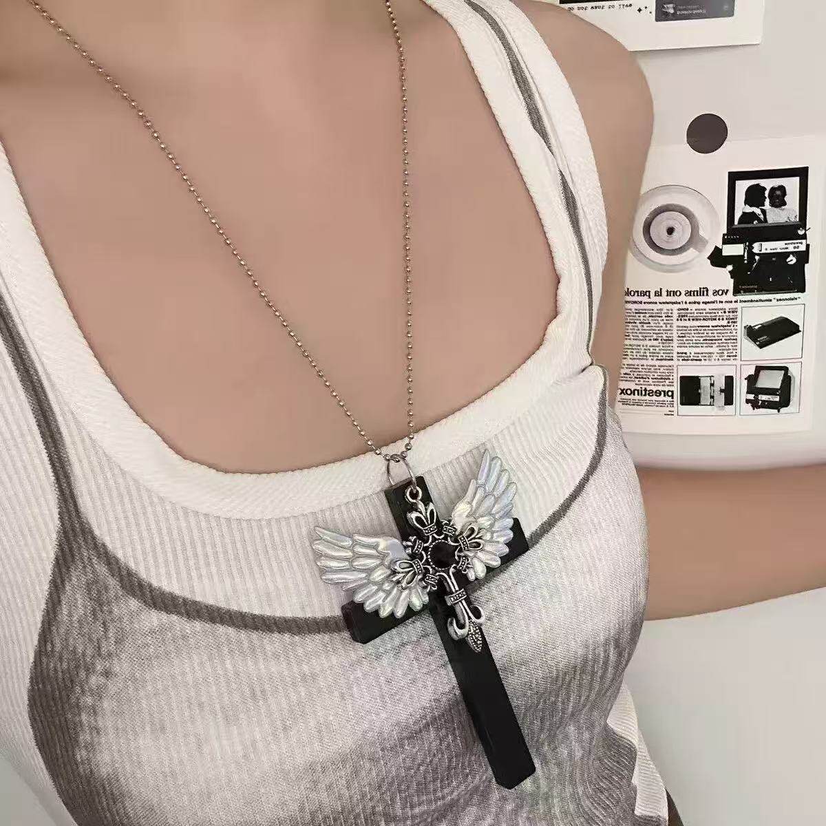Angel Wing Cross Pendant Necklace necklace really cute White Wing Necklace