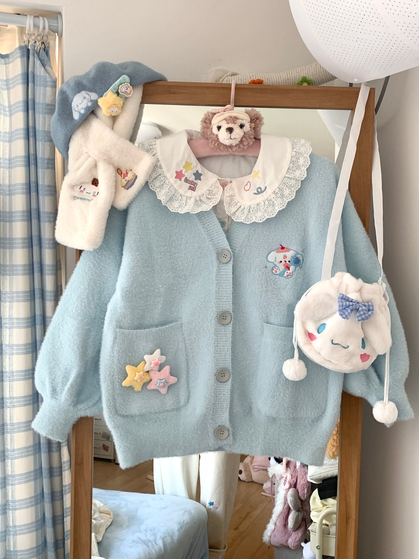 Blurred Bear - Kawaii Embroidered Fuzzy Knit Cardigan cardigan Blurred Bear Blue Cardigan Only S