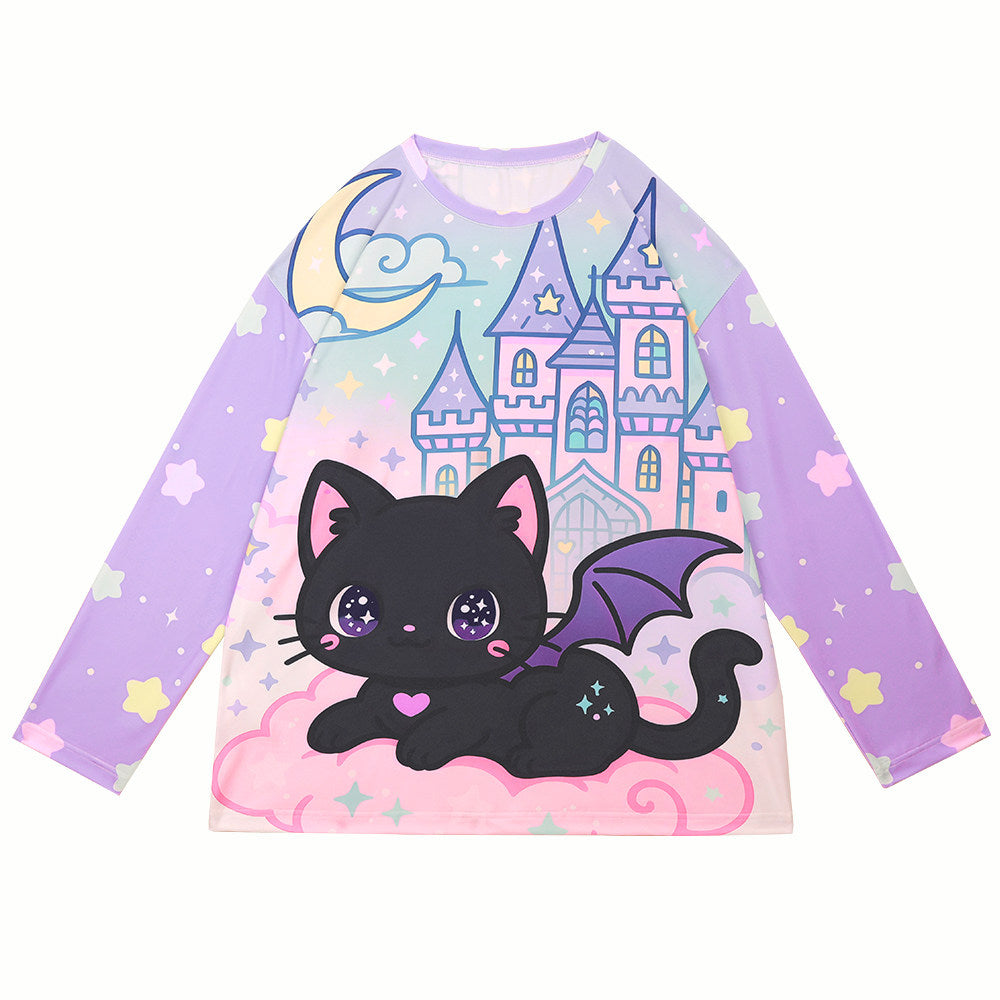 Nihonkids - Pastel Gothic Black Cat Tee shirt NIHON KIDS Oversized Long