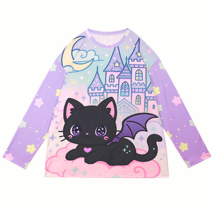 Nihonkids - Pastel Gothic Black Cat Tee shirt NIHON KIDS Oversized Long