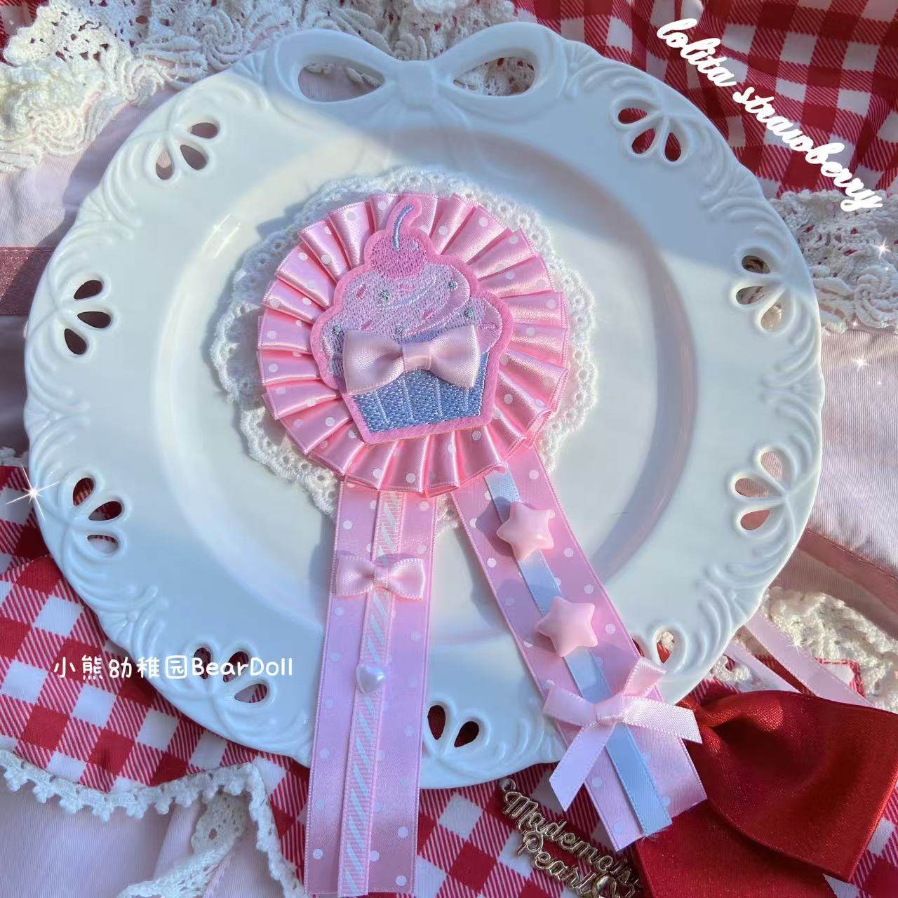 Bear Doll - Kawaii Strawberry Cherry Pin hair clip Bear Doll Pink blue cake