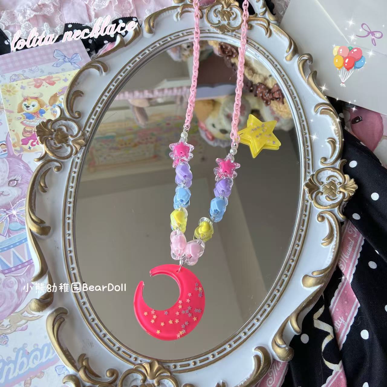 Bear Doll Dopamine Moon Necklace | Kawaii Beaded Sequin Necklace necklace Bear Doll