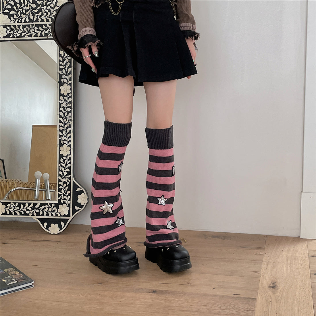 LET ME SEE - Y2K Star Stripe Leg Warmers Stacked Socks leg warmmers let me see Pink Stripe