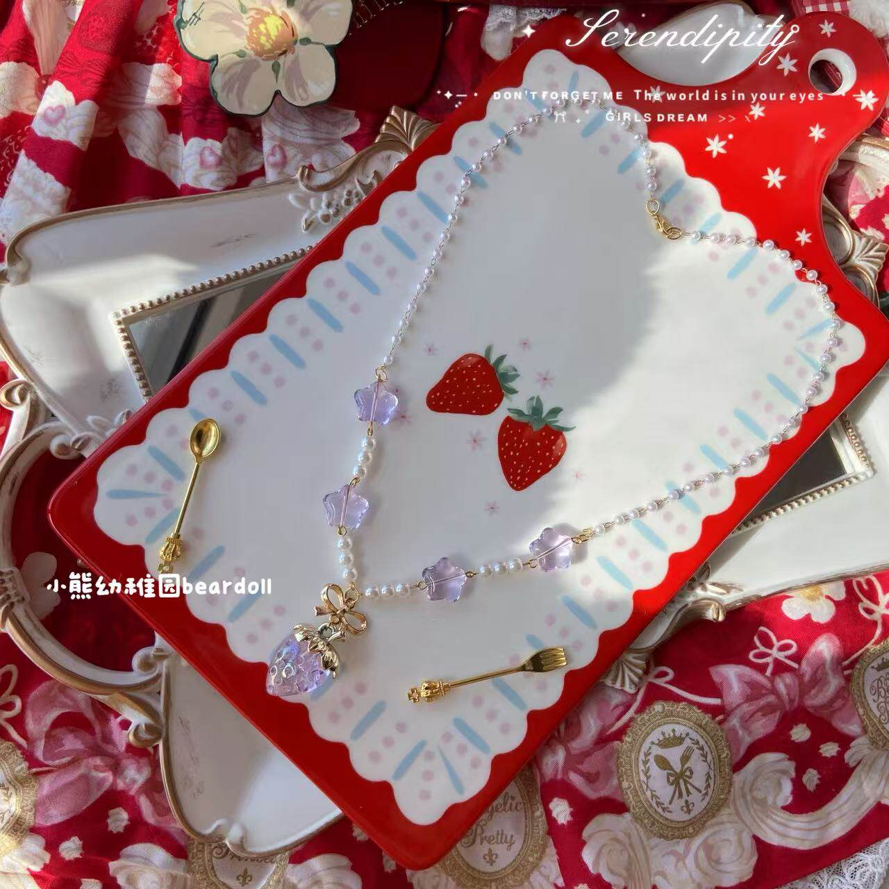 Bear Doll - Strawberry Bow Beaded Necklace necklace Bear Doll Crystal Purple Strawberry