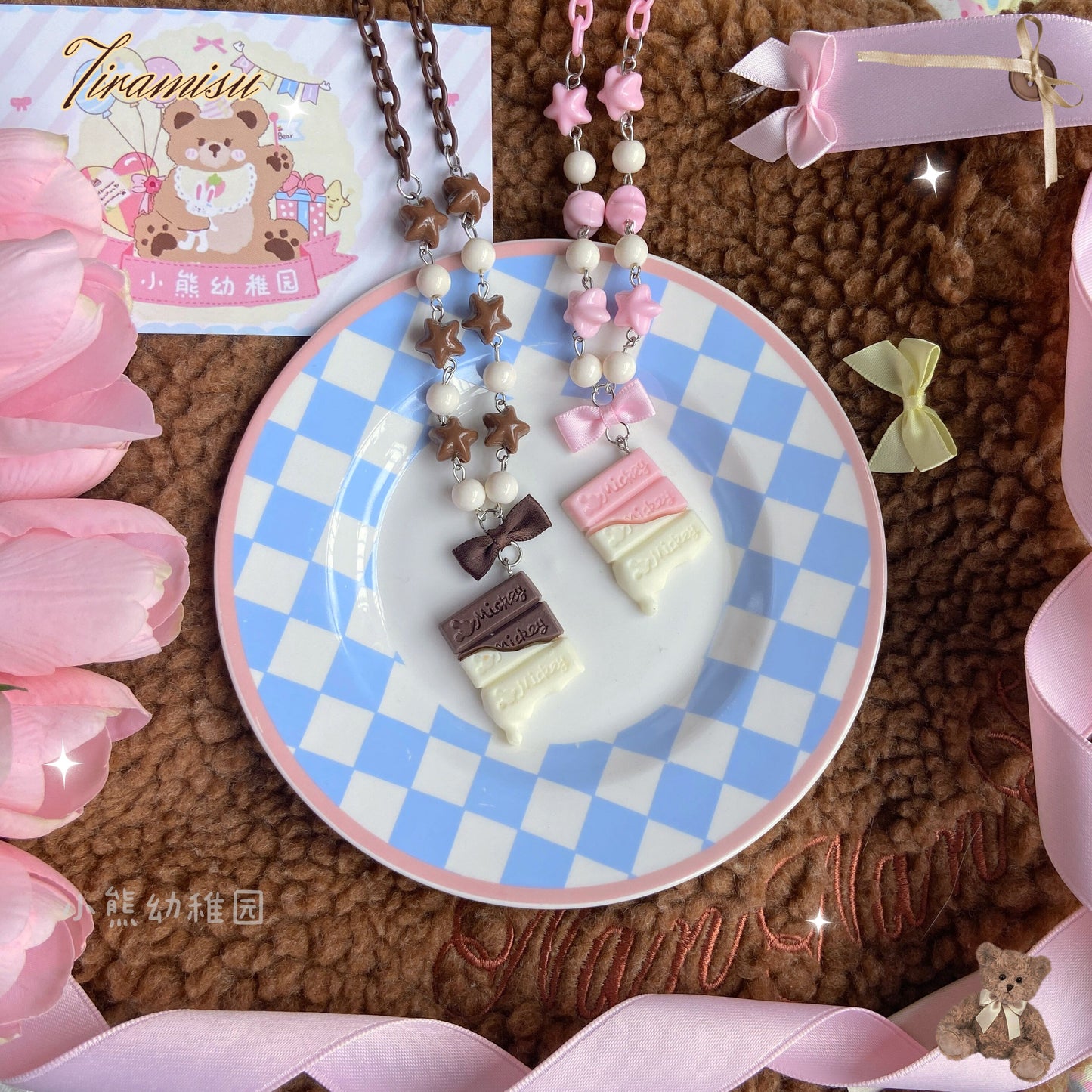 Bear Doll Cookie Necklace | Decora Kei Handmade Tiramisu Charm necklace Bear Doll Milk chocolate necklace