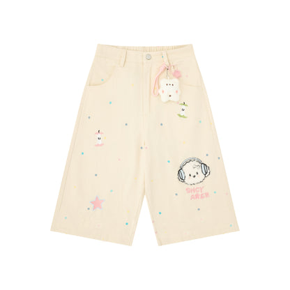 Languid Park - Dog Embroidered Wide-Leg Jeans shorts Languid Park Beige S