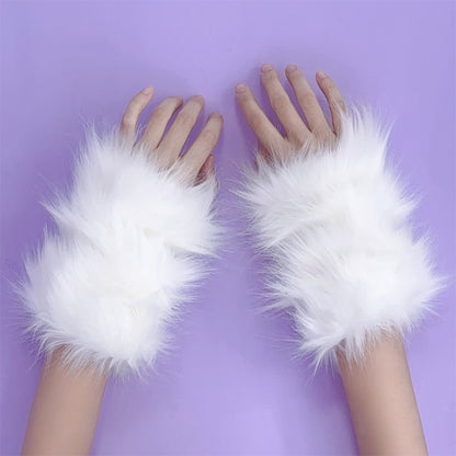 No Brand - Plush Fingerless Arm Warmers sleeves Captain Peach White
