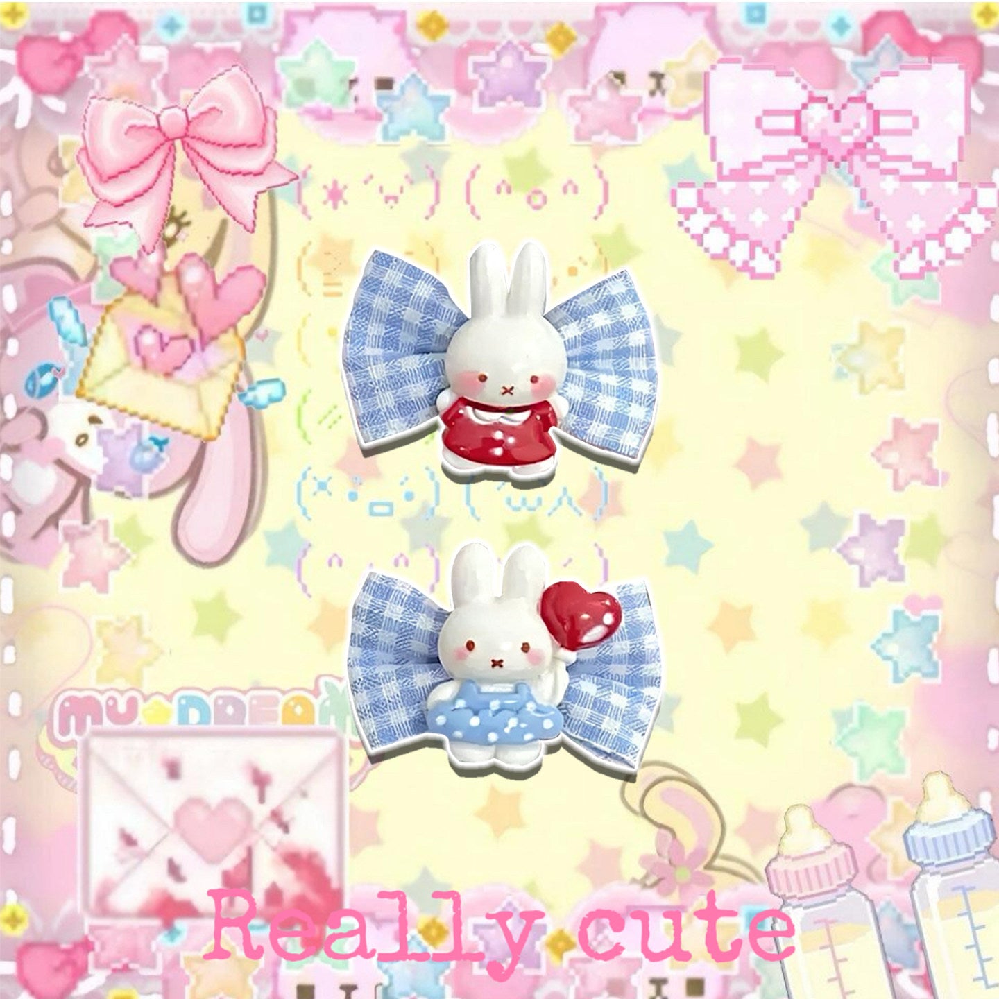Miffy Bunny - Plaid Bow Hair Clip hair clip really cute Blue (a pair)