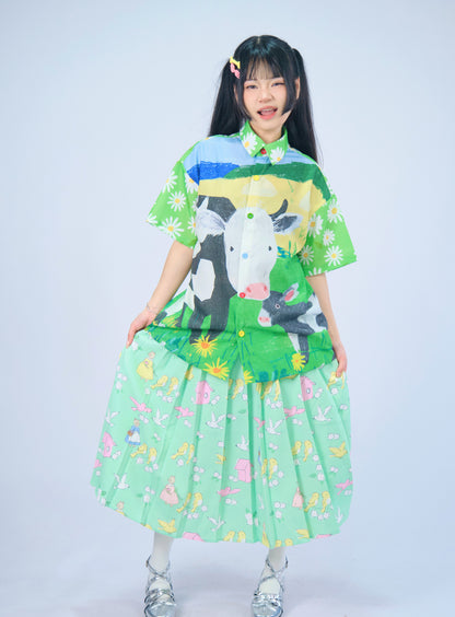 MeowMeow Bug- Kidcore Print Pleated Skirt skirt MeowMeow Bug Peppermint Country Cat S