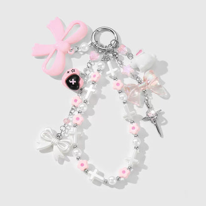 Sweet Pink Bunny Heart Phone Charm Keychain keychain really cute Pink Bow Keychain