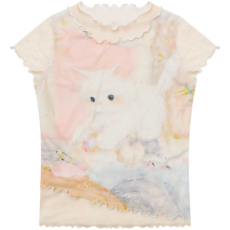 ziziFei - Cat Dream Mesh Ruffle Hem Tee tshirt ziziFei S