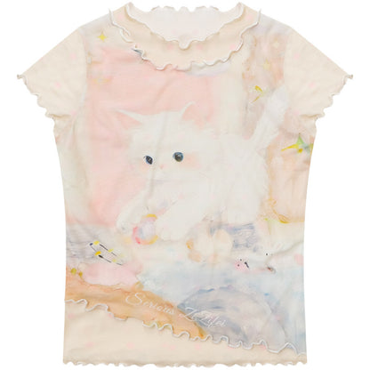 ziziFei - Cat Dream Mesh Ruffle Hem Tee tshirt ziziFei S