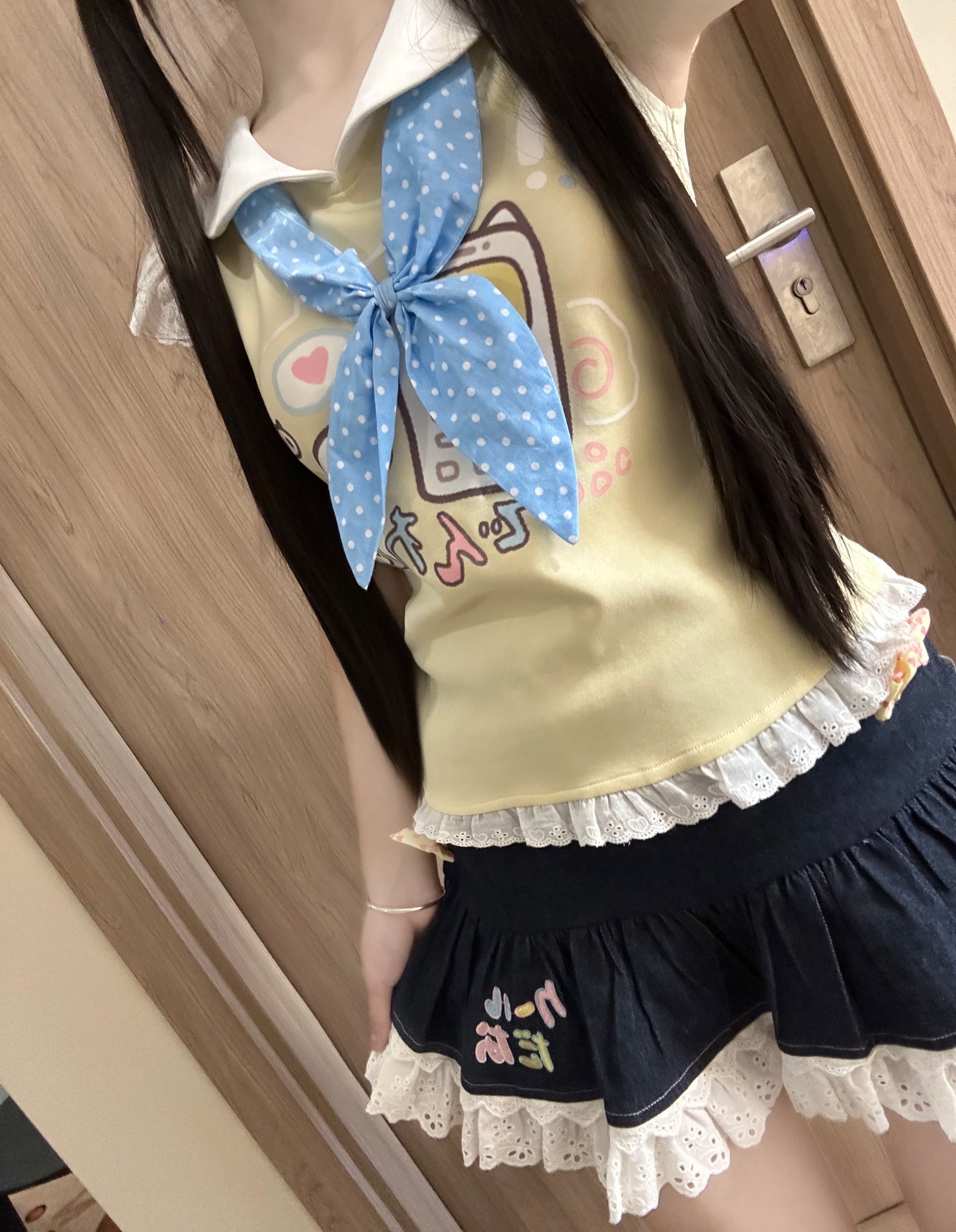 Blurred Bear - Cute Soft Girl Tee & Skirt Set set Blurred Bear Bow Tie Only S
