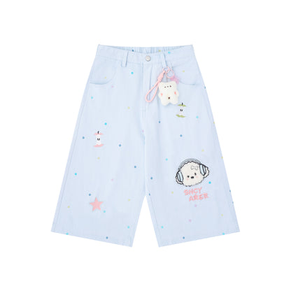 Languid Park - Dog Embroidered Wide-Leg Jeans shorts Languid Park Blue S