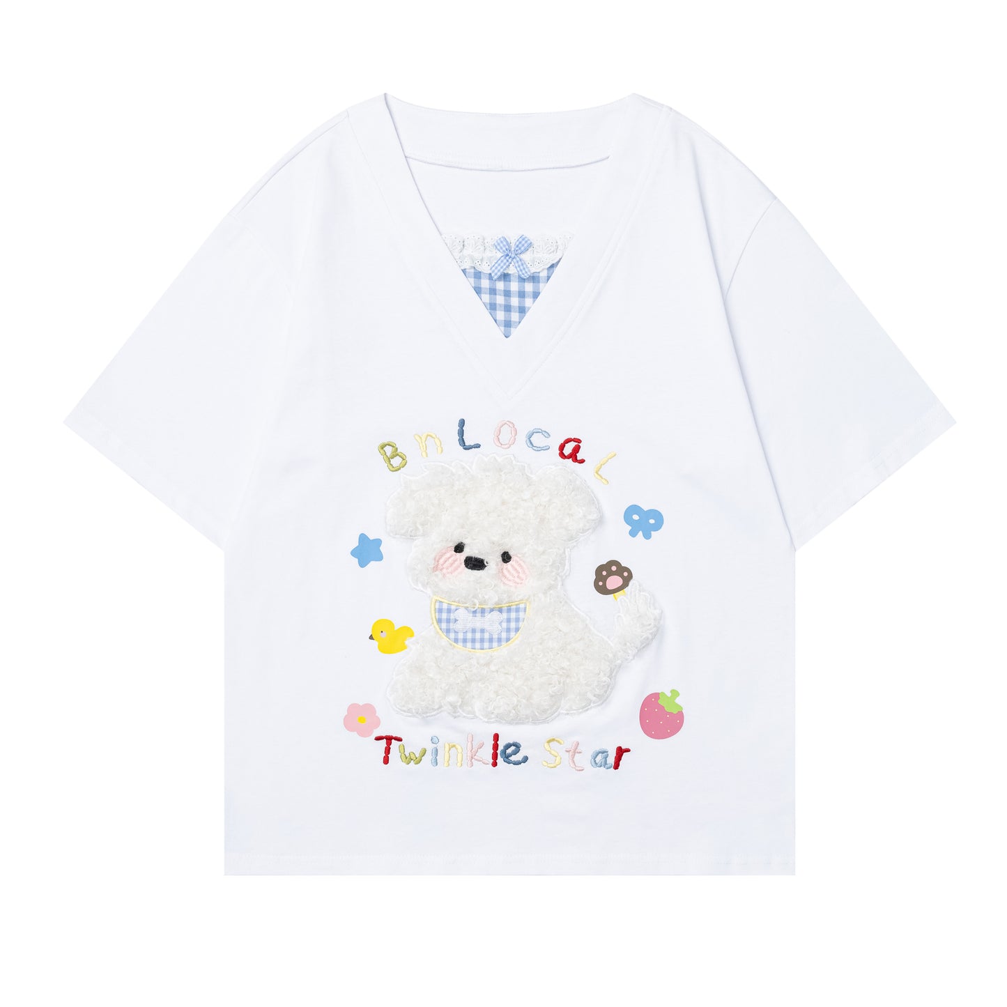 Languid Park - Dog Applique Bow V-Neck Tee tshirt Languid Park White S