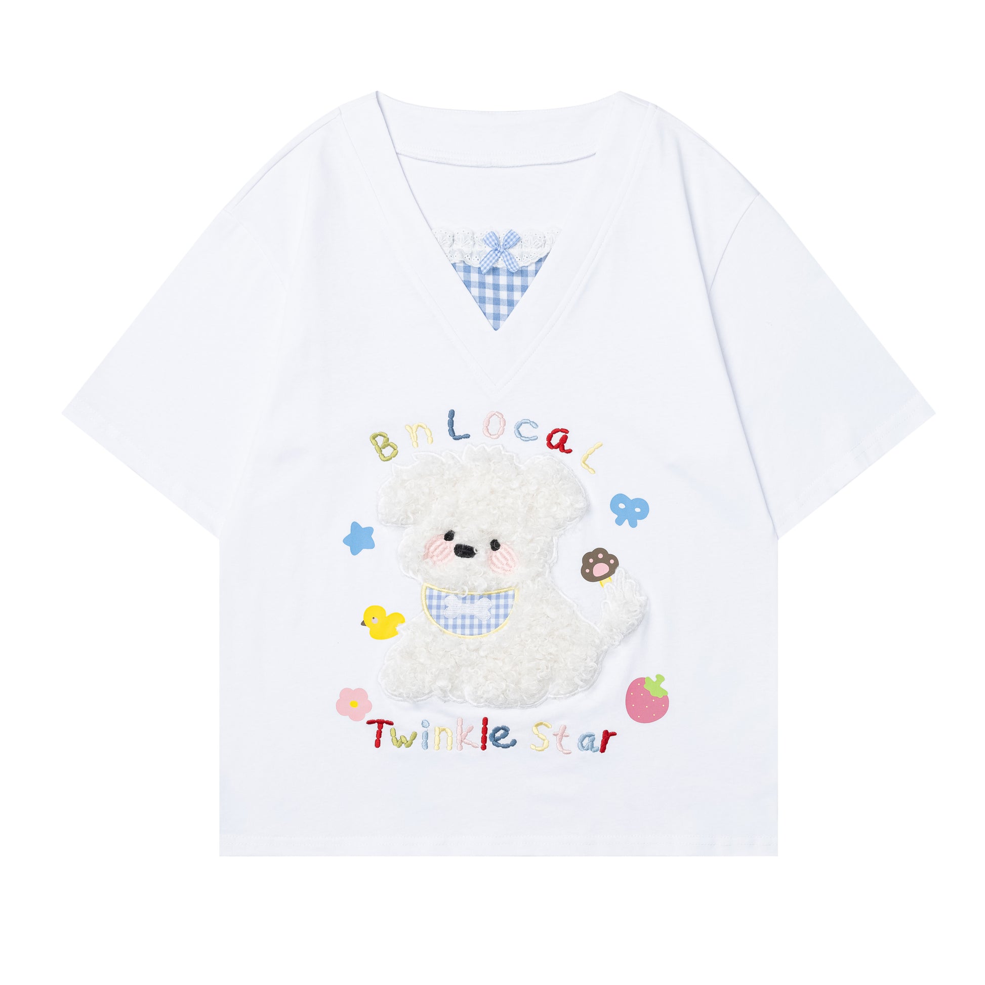 Languid Park - Dog Applique Bow V-Neck Tee tshirt Languid Park White S