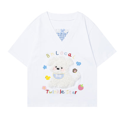 Languid Park - Dog Applique Bow V-Neck Tee tshirt Languid Park White S