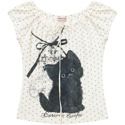 ziziFei - Cat Star Off-Shoulder Bubble Sleeve Tee tshirt ziziFei S