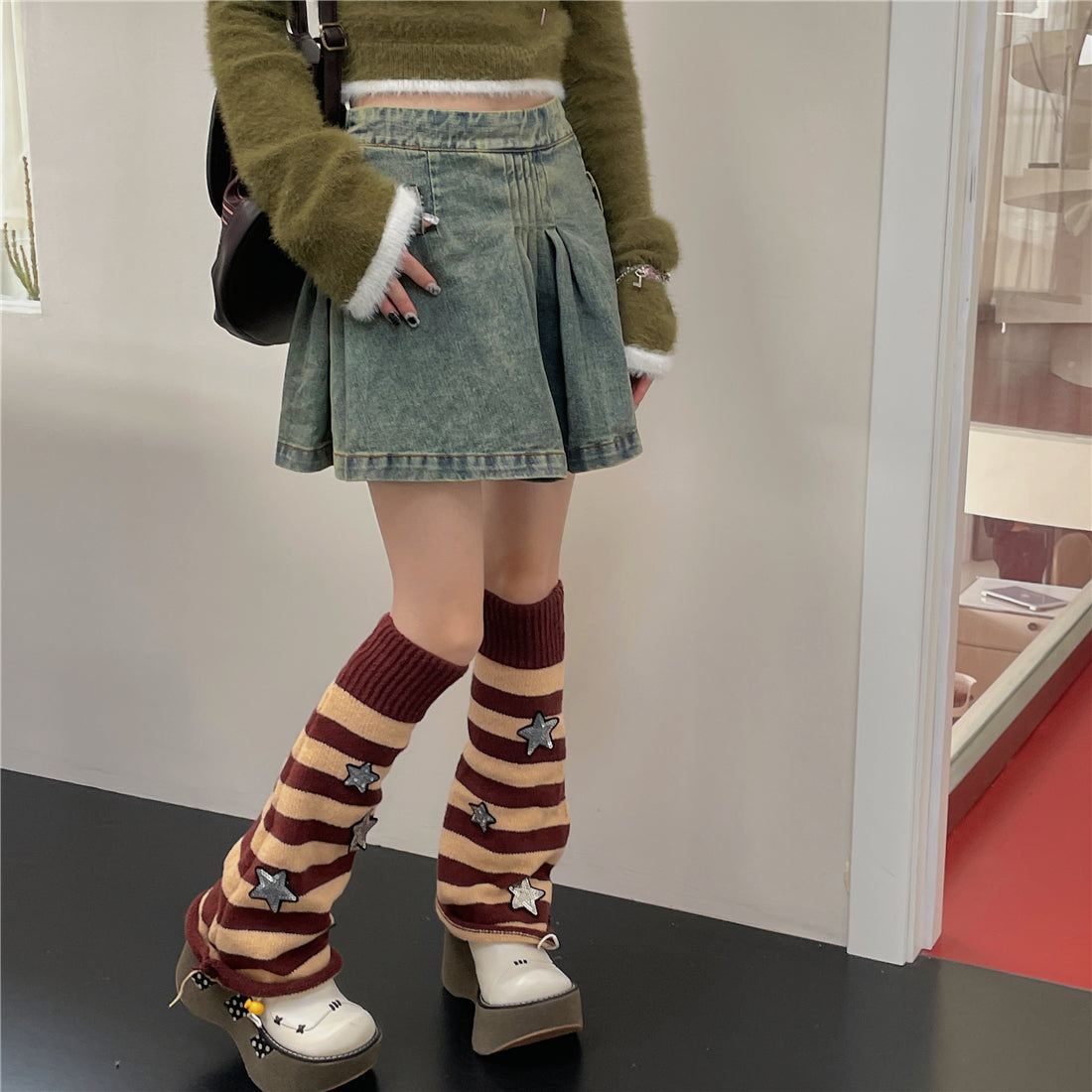 LET ME SEE - Y2K Star Stripe Leg Warmers Stacked Socks leg warmmers let me see Brown Stripe