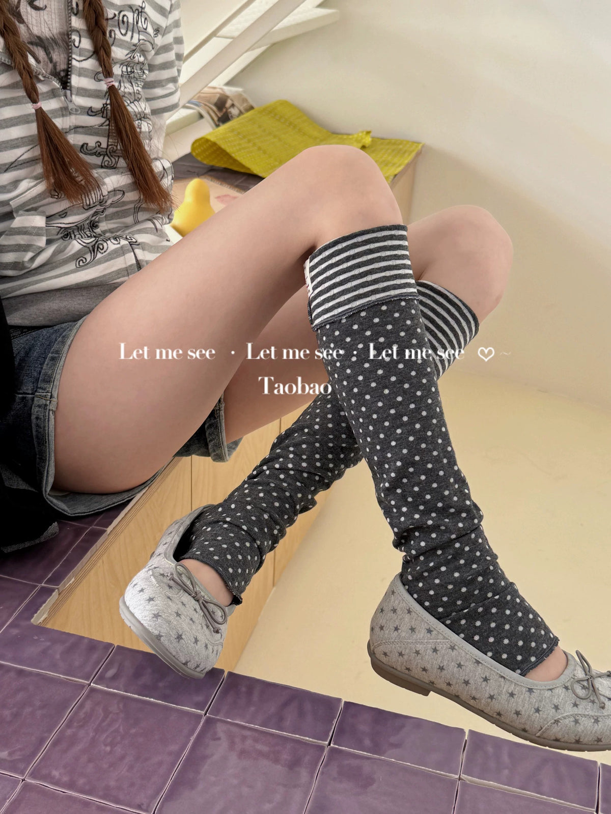 LET ME SEE - Polka Dot & Stripe Slouch Leg Warmers socks let me see Dark Gray