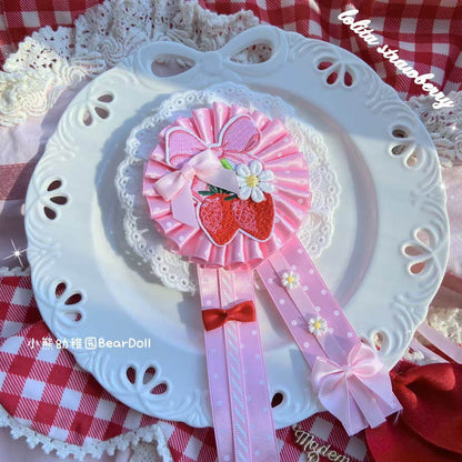 Bear Doll - Kawaii Strawberry Cherry Pin hair clip Bear Doll Pink polka dot strawberries