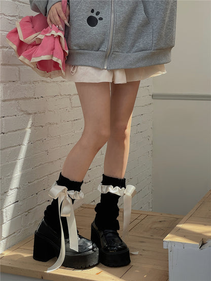 LET ME SEE - Kawaii Satin Ribbon Bow Leg Warmers leg warmmers let me see Black Leg Warmers with White Ribbon