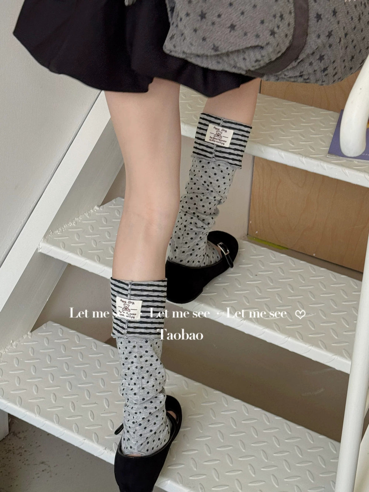 LET ME SEE - Polka Dot & Stripe Slouch Leg Warmers socks let me see Light Gray
