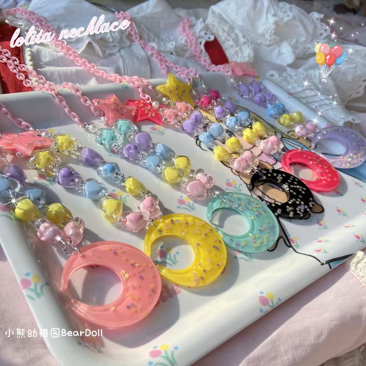 Bear Doll Dopamine Moon Necklace | Kawaii Beaded Sequin Necklace necklace Bear Doll
