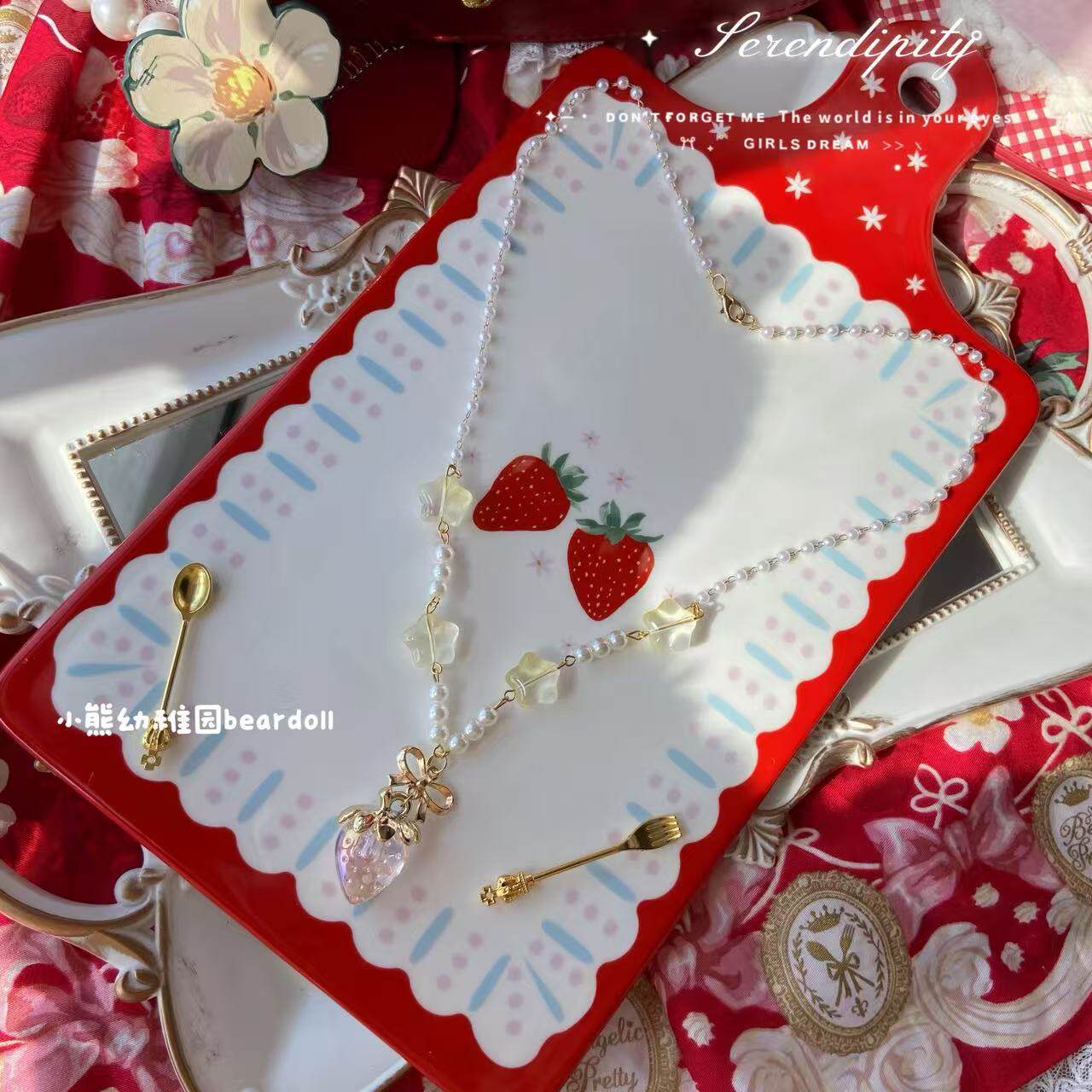 Bear Doll - Strawberry Bow Beaded Necklace necklace Bear Doll