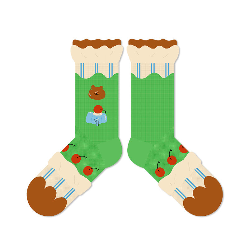 TaoLeSi - Kawaii Cartoon Ruffle Socks sock TaoLeSi Cream Cherry Bear & Elephant - 1 Pair