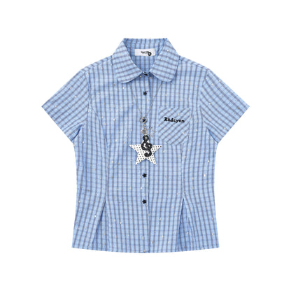 Languid Park - Star Plaid Cropped Shirt with Necklace shirt Languid Park Blue S