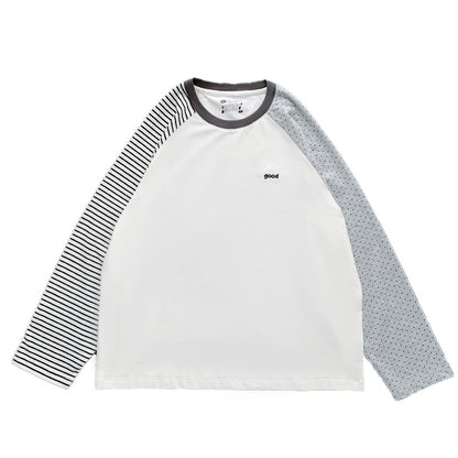Meihao Store - Striped Polka Dot Patchwork Long Sleeve T-Shirt