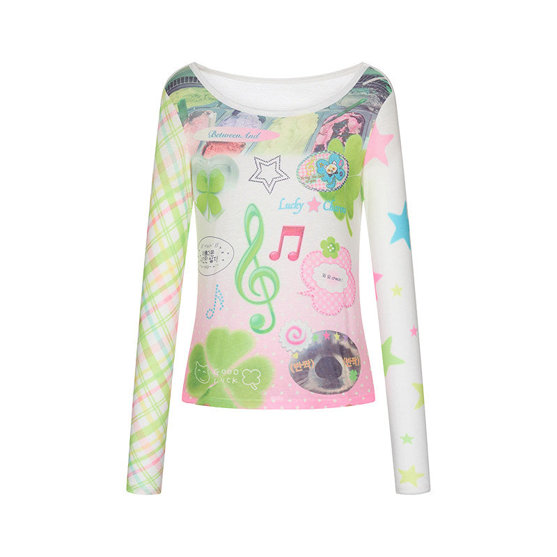 BETWEENAND - Lucky Note Print Long Sleeve Top shirt BETWEENAND S