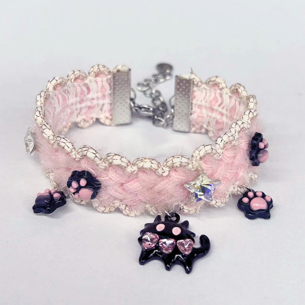 Kiwi Store - Y2K Black Cat PinkFuzzy Choker & Bracelet necklace kiwi store Bracelet