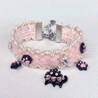 Kiwi Store - Y2K Black Cat PinkFuzzy Choker & Bracelet necklace kiwi store Bracelet