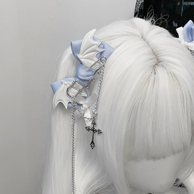 1Gangster Inn - Blue Black Cross Gothic Bow Hair Clip hair clip 1GASTERINN Blue - 1 pair