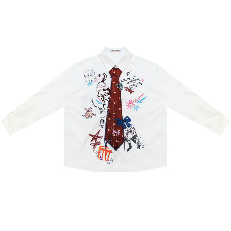 ziziFei - White Graffiti Tie Print Oversized Shirt shirt ziziFei S