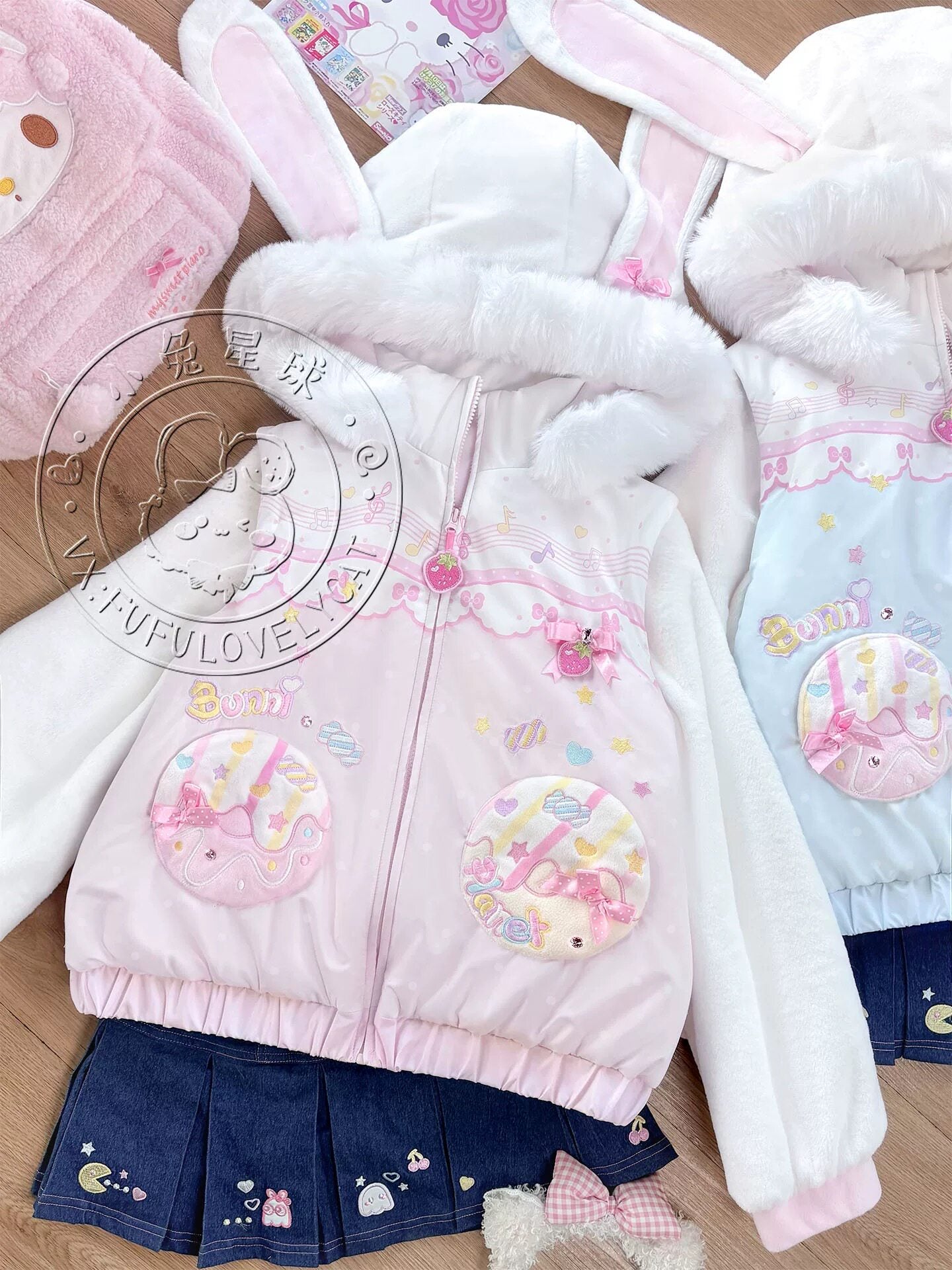 Bunny Planet - Cream Donut Bunny Ear Puffer Jacket coat bunnyplanet Pink S