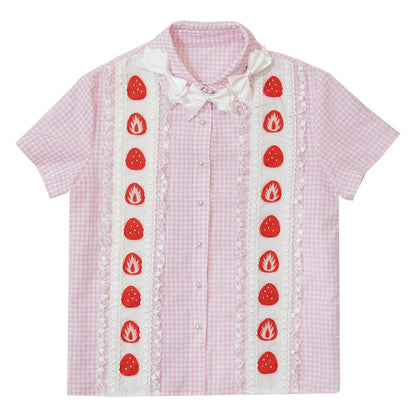 Daytoday Everyday Institute - Strawberry Plaid Bow Shirt shirt daytoday everyday institute Pink S