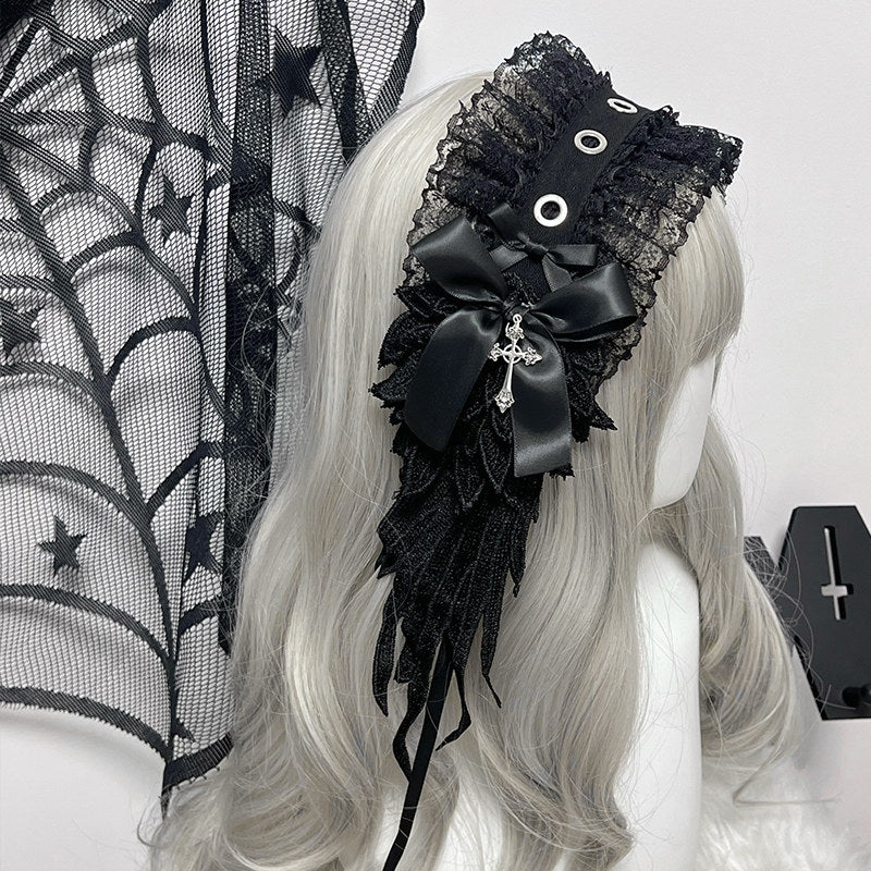 1Gangster Inn - Wing Lace Gothic Lolita Headband hairband 1GASTERINN Black
