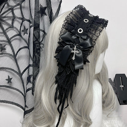 1Gangster Inn - Wing Lace Gothic Lolita Headband hairband 1GASTERINN Black