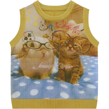 ziziFei - Yellow Cat Print Vintage Knit Vest vest ziziFei S
