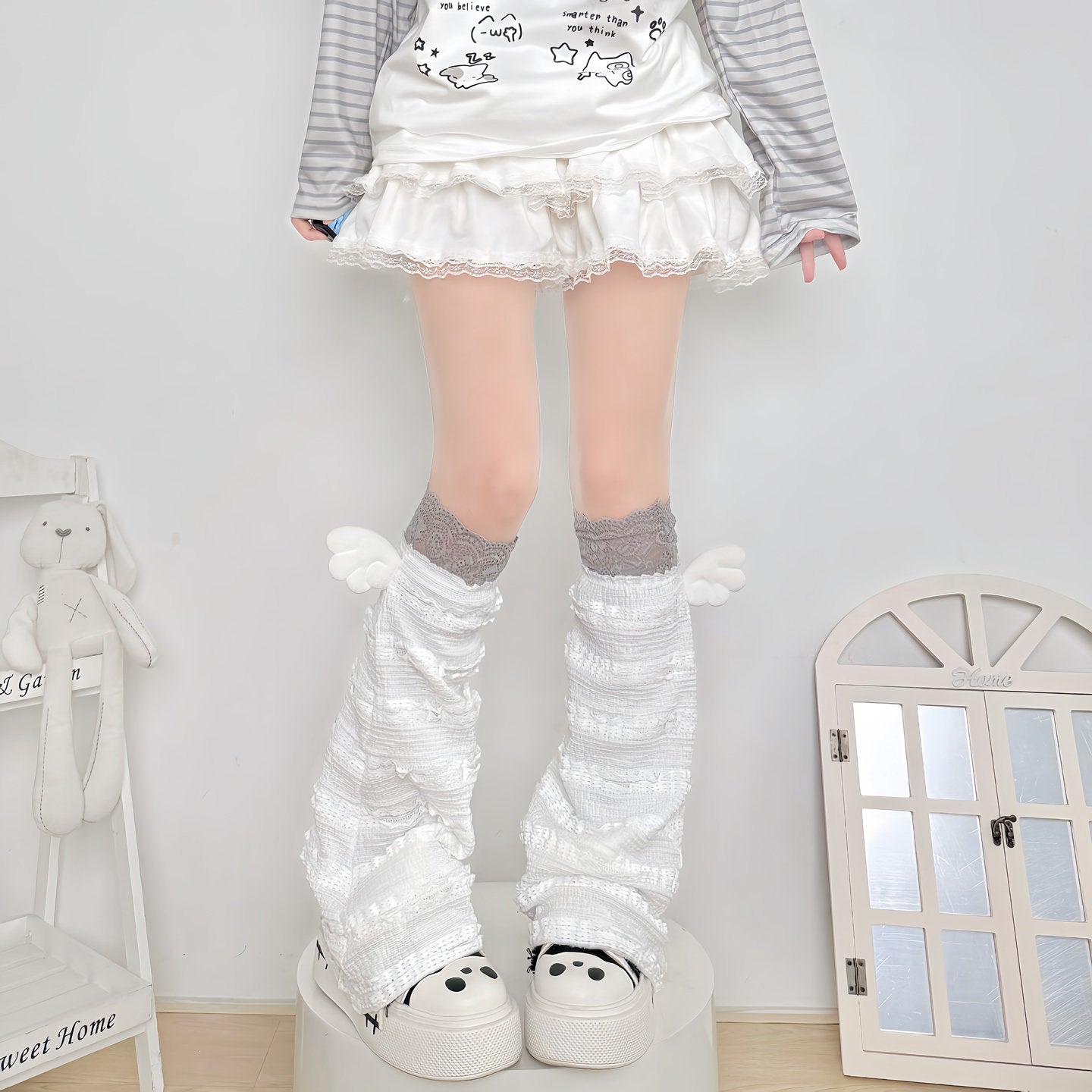 2 Bears - Lace Angel Leg Warmers leg warmmers 2 bears Grey Lace Stockings with White Leg Warmers