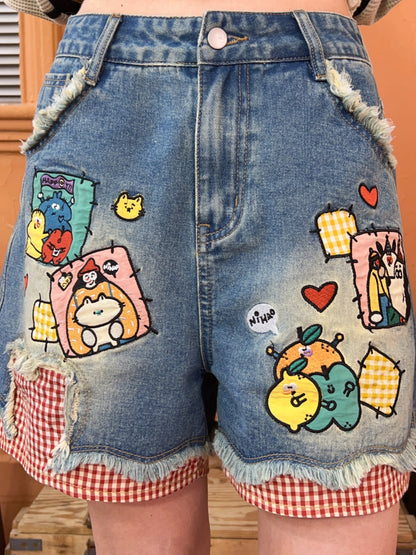 Robootoo - Embroidered High Waist Denim Shorts