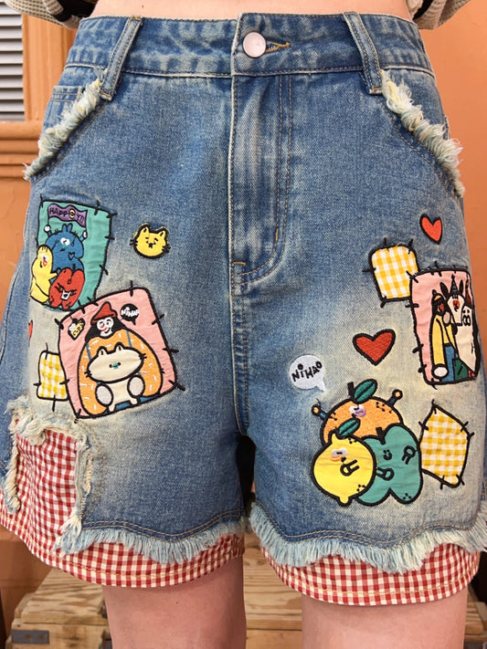 Robootoo - Embroidered High Waist Denim Shorts